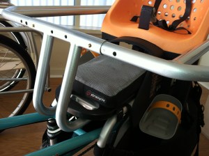 This is the sweet little one-child cushion that fits in front of the Yepp Maxi (or whatever Xtracycle calls it).