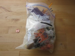2 months in: our weekly landfill load in a quart-sized ziploc (mostly foam stickers from preschool and dental floss). Wild!